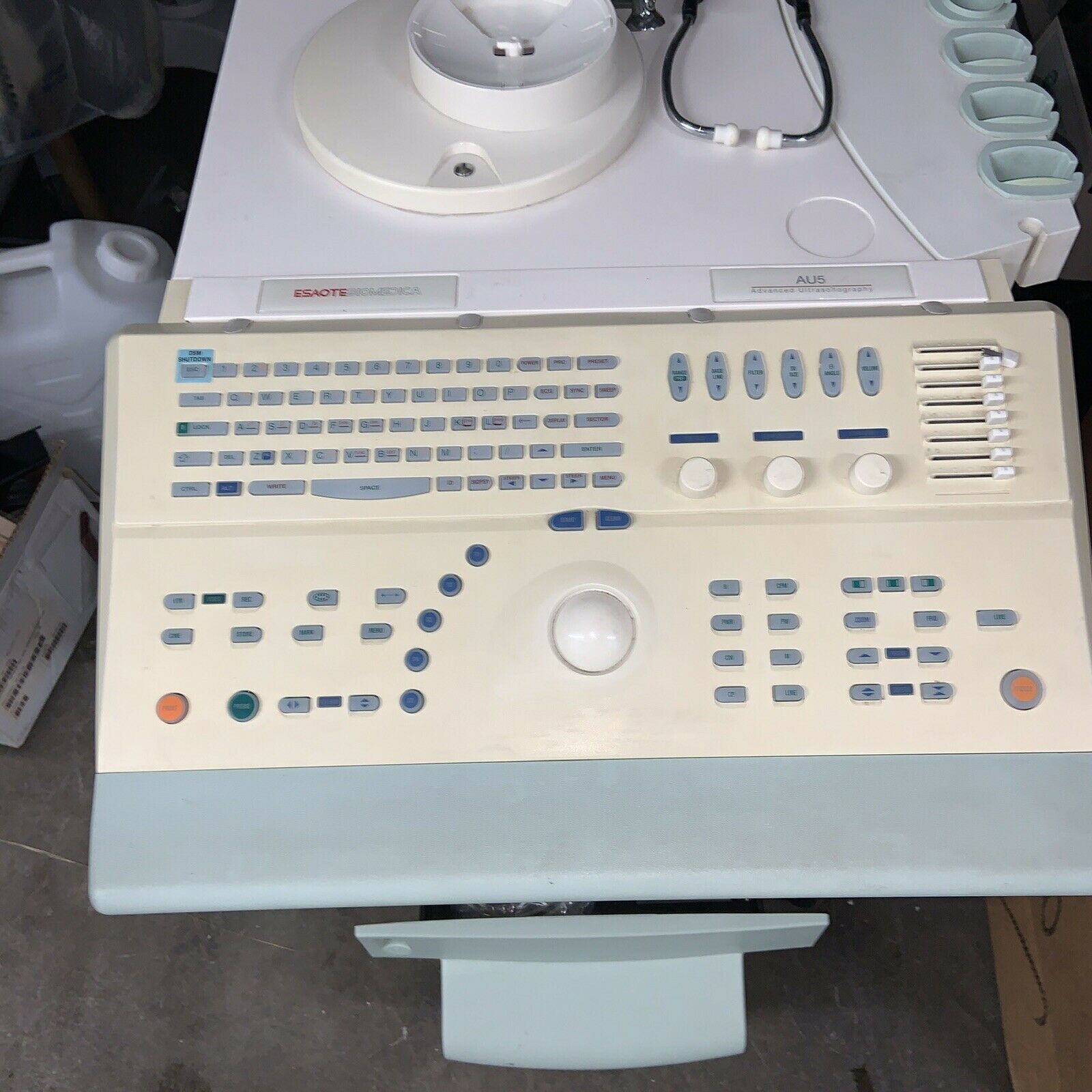 ESAOTE AU5 CARDIAC - VASCULAR ULTRASOUND W/2 PROBES, 2 FOOT PEDALS, & CONNECTORS DIAGNOSTIC ULTRASOUND MACHINES FOR SALE